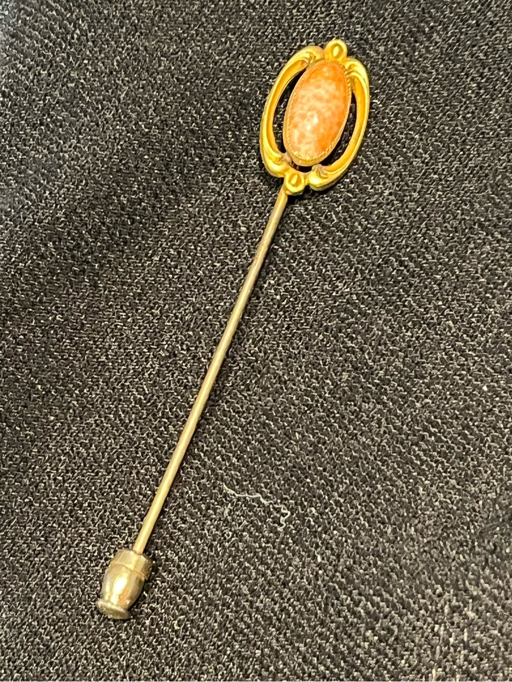 Vintage Stick Pin Hat Pin Oval Faux Coral Cabochon Gold Tone UV Reactive Estate